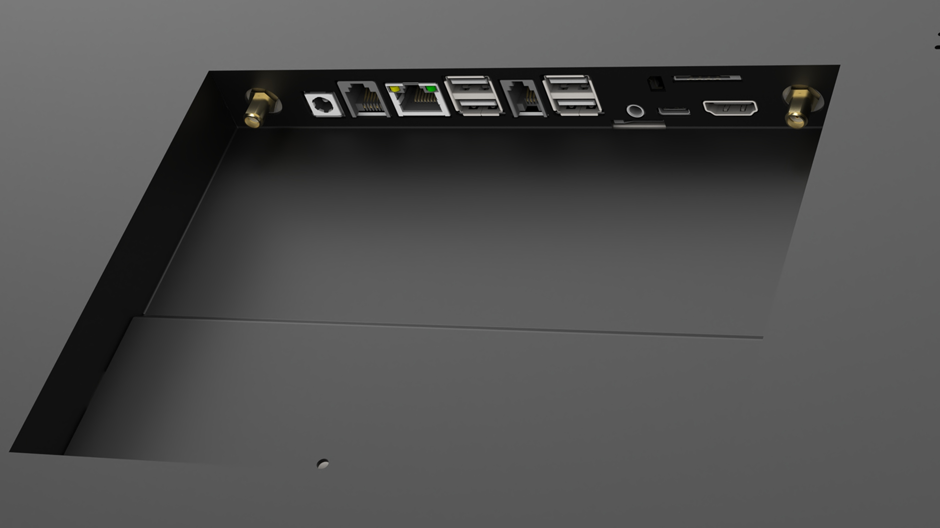 Close-up image of the metal advertising display, with lines clearly highlighting the full metal bezel, optional camera mounting spot, and the rich array of ports on the side (Type-C/RJ45/USB).