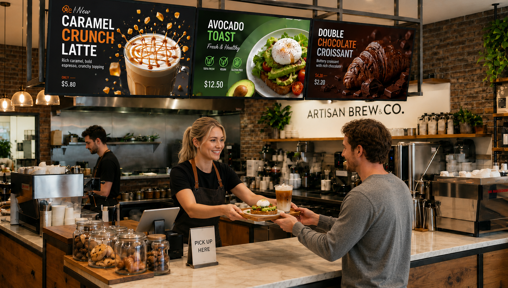 A high-impact, high-definition real-world scenario image. For example: above the checkout counter of a modern restaurant or boutique retail store, 2-3 43-inch digital menu boards/advertising screens are broadcasting dynamic videos and exquisite posters in synchronization.