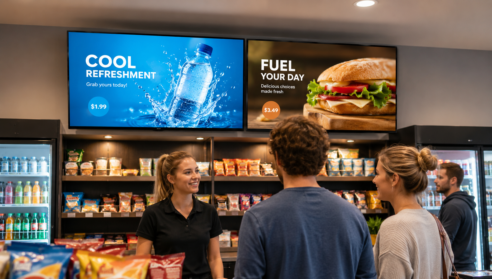 In-store application rendering of the plastic display model, hanging above a bubble tea shop counter, broadcasting a dynamic digital menu board.