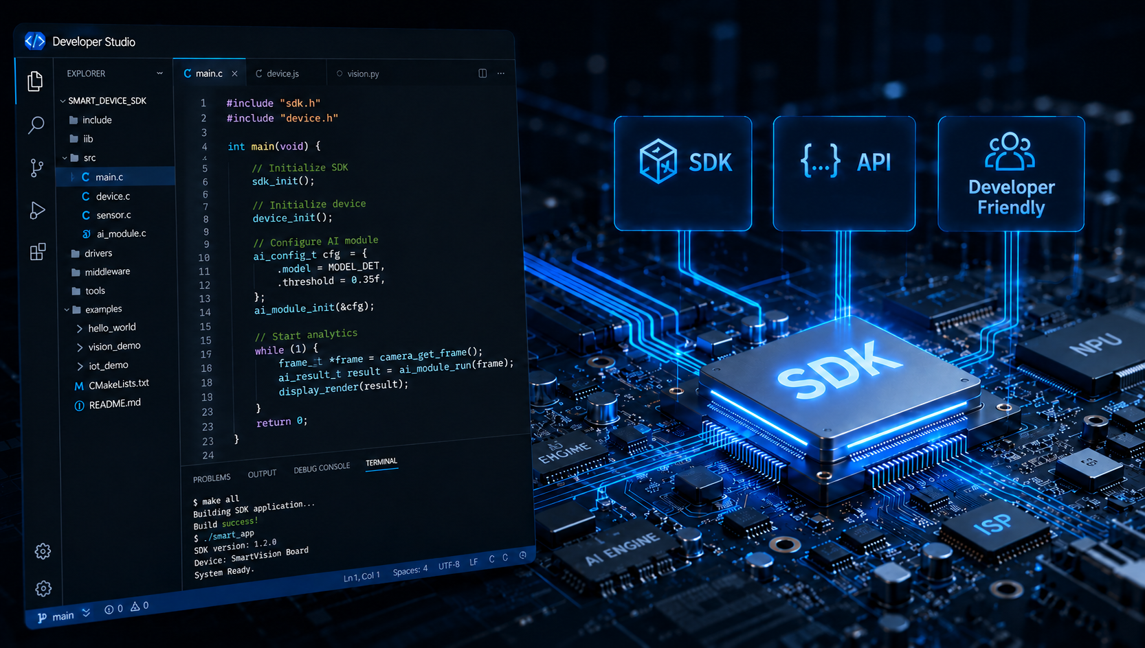 A conceptual fusion image blending a software code IDE interface with a physical hardware mainboard, radiating an 'SDK, API, Developer-Friendly' technical vibe.
